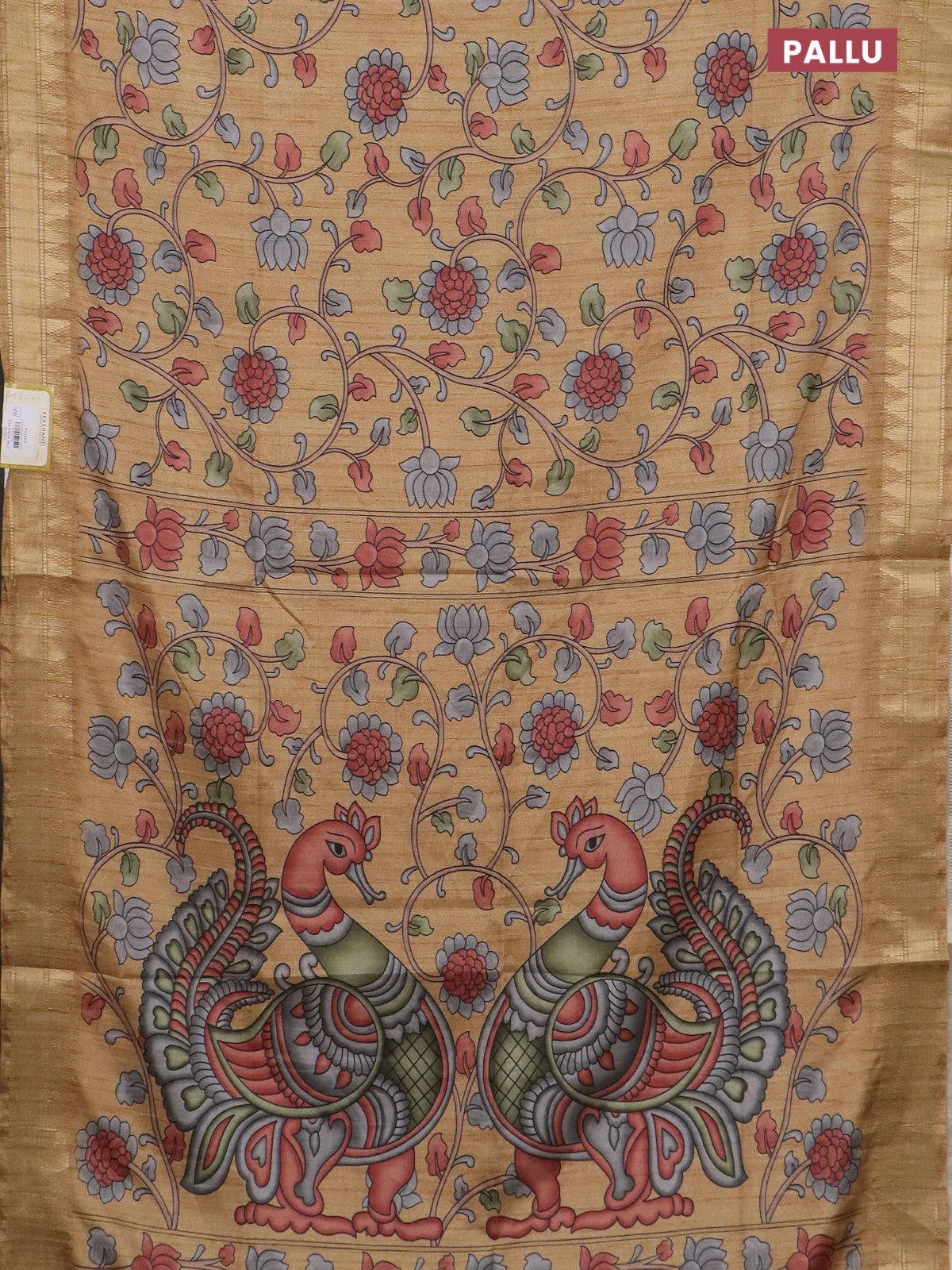 Semi tussar saree sandal with allover floral prints and zari woven border - Image 3