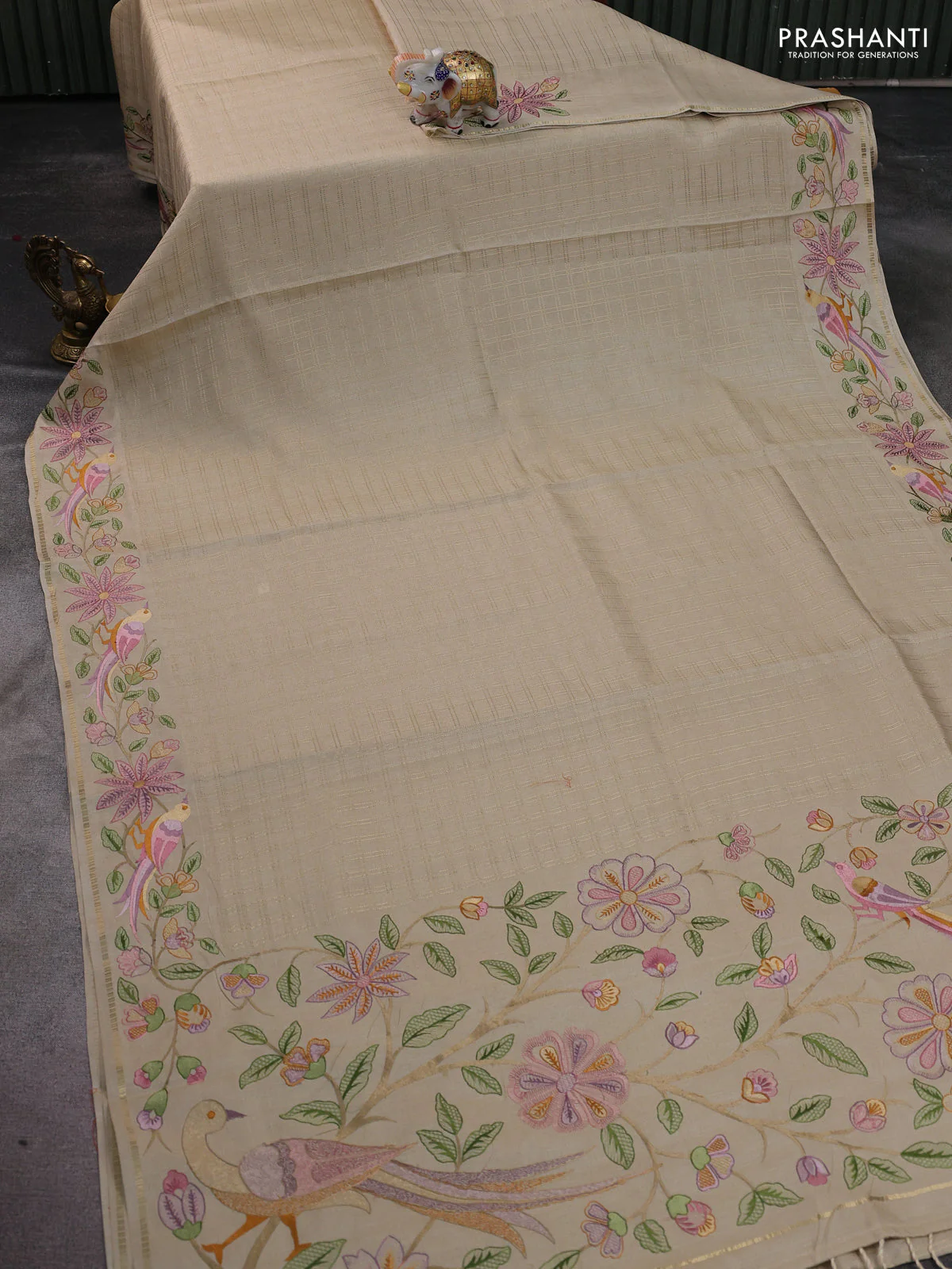 Semi tussar saree sandal with allover zari checked pattern and embroidery border - Image 2