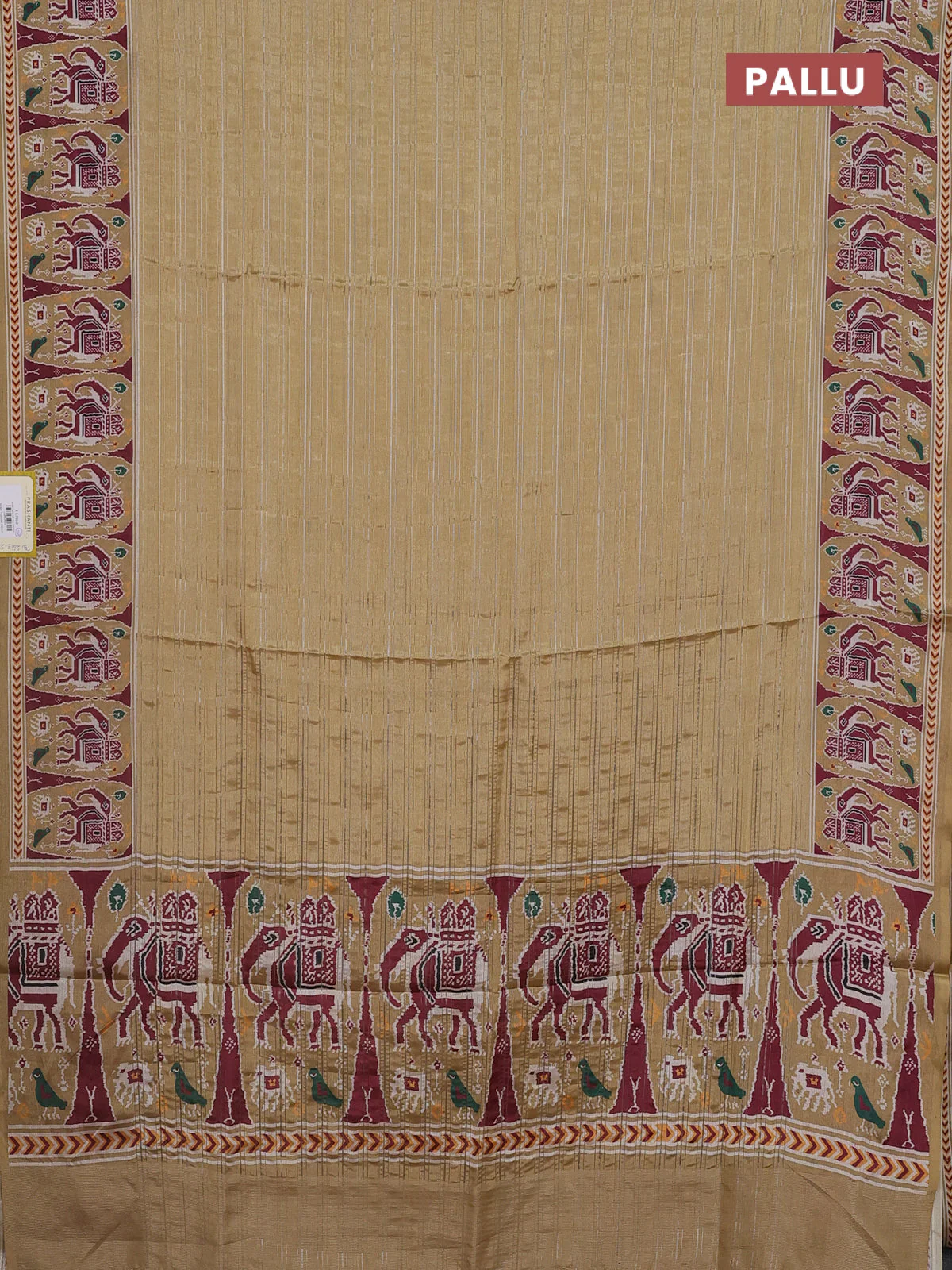 Semi tussar saree sandal with zari stripes pattern and patola printed border - Image 3