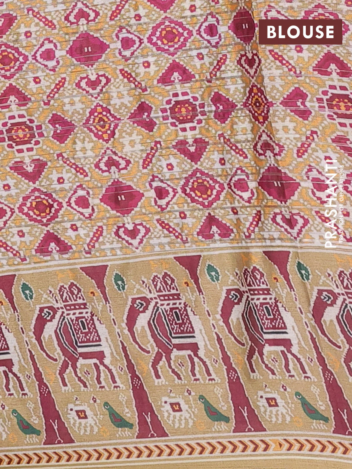 Semi tussar saree sandal with zari stripes pattern and patola printed border - Image 4