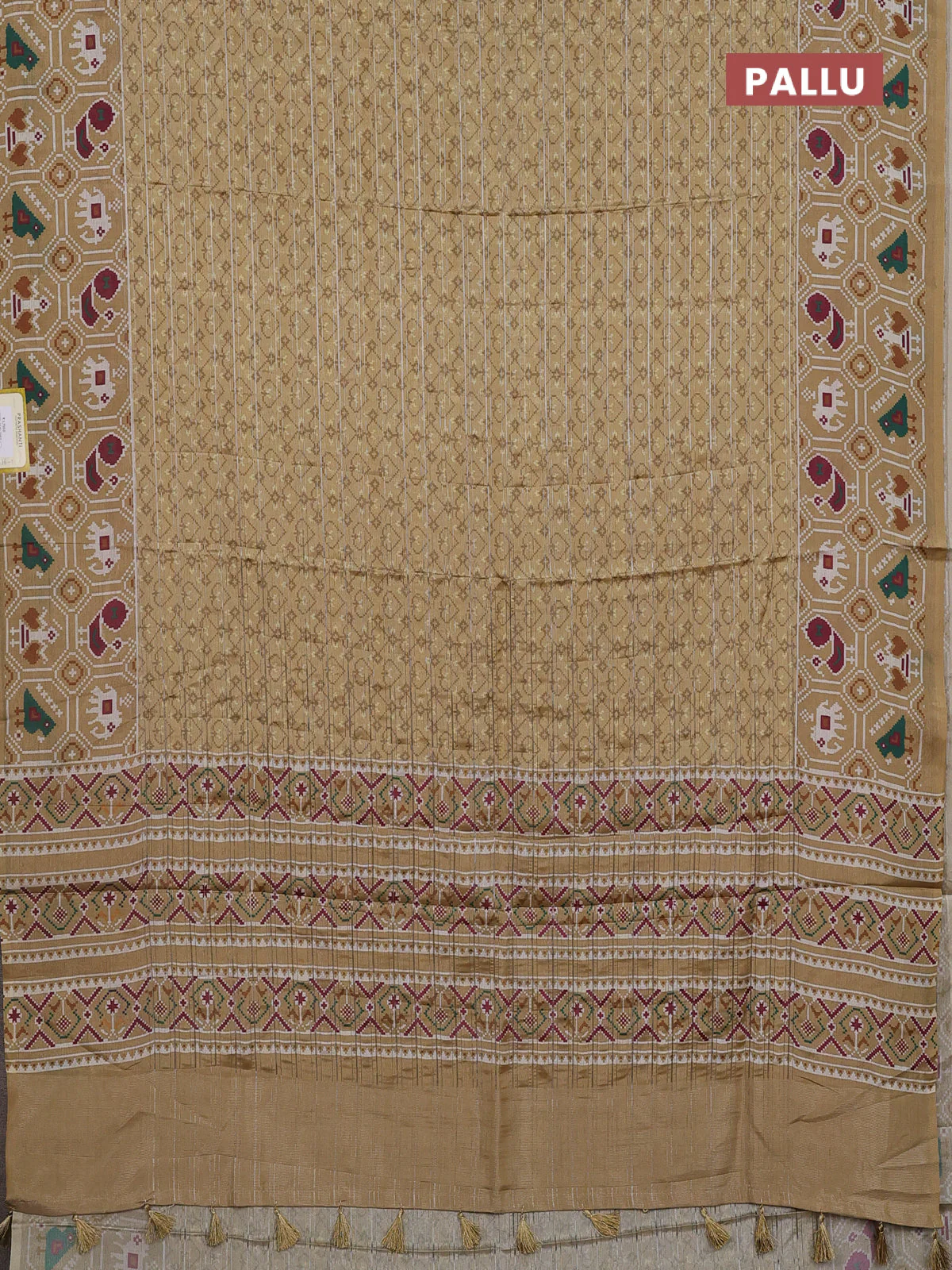 Semi tussar saree sandal with zari stripes pattern and patola printed border - Image 3