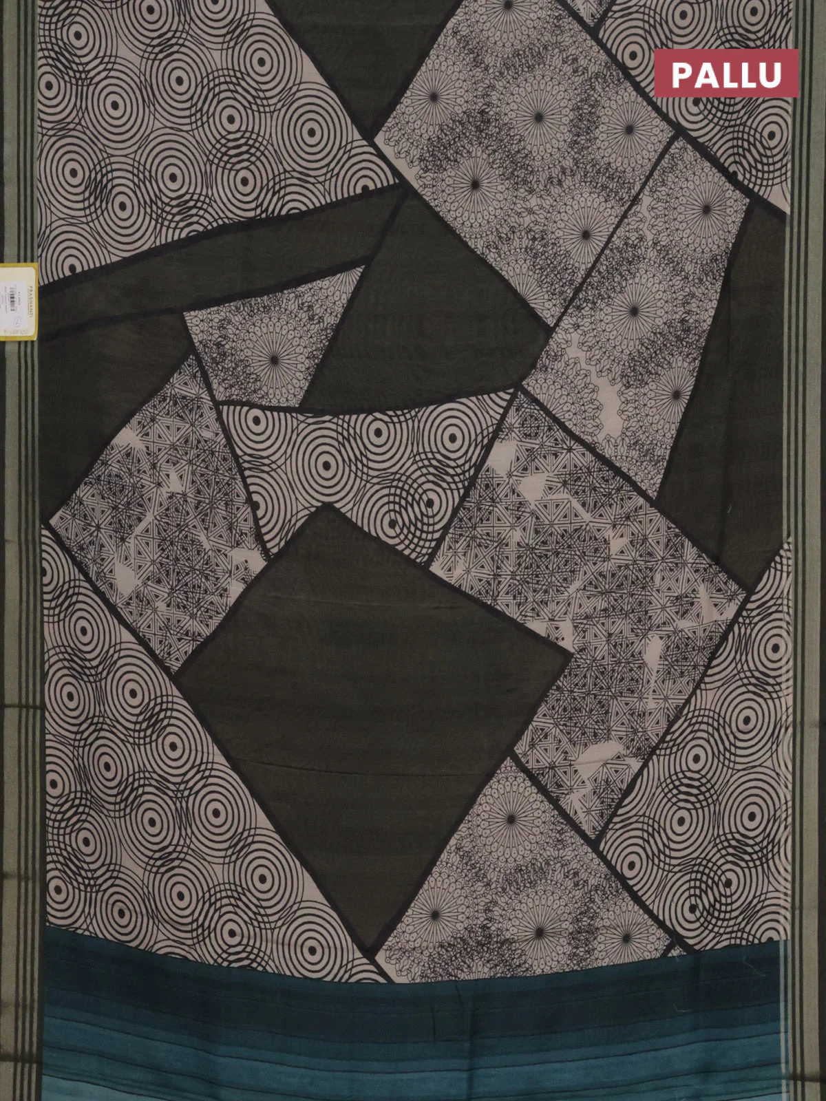 Semi tussar saree sap green and beige with allover geometric prints and zari woven border - Image 3