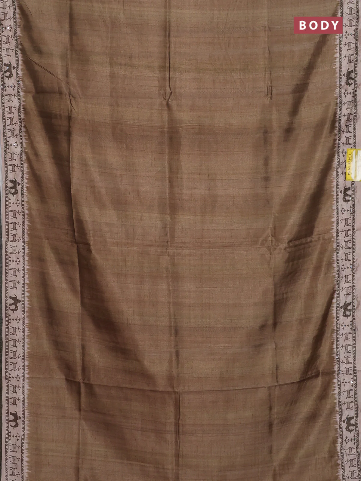 Semi tussar saree sap green and beige with plain body and warli prints kantha stitch work border - Image 2