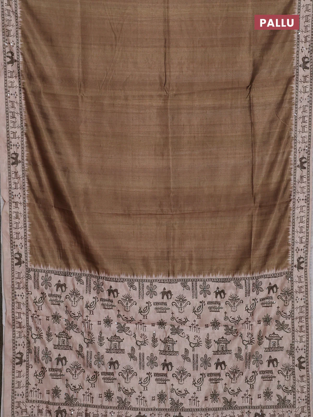 Semi tussar saree sap green and beige with plain body and warli prints kantha stitch work border - Image 3