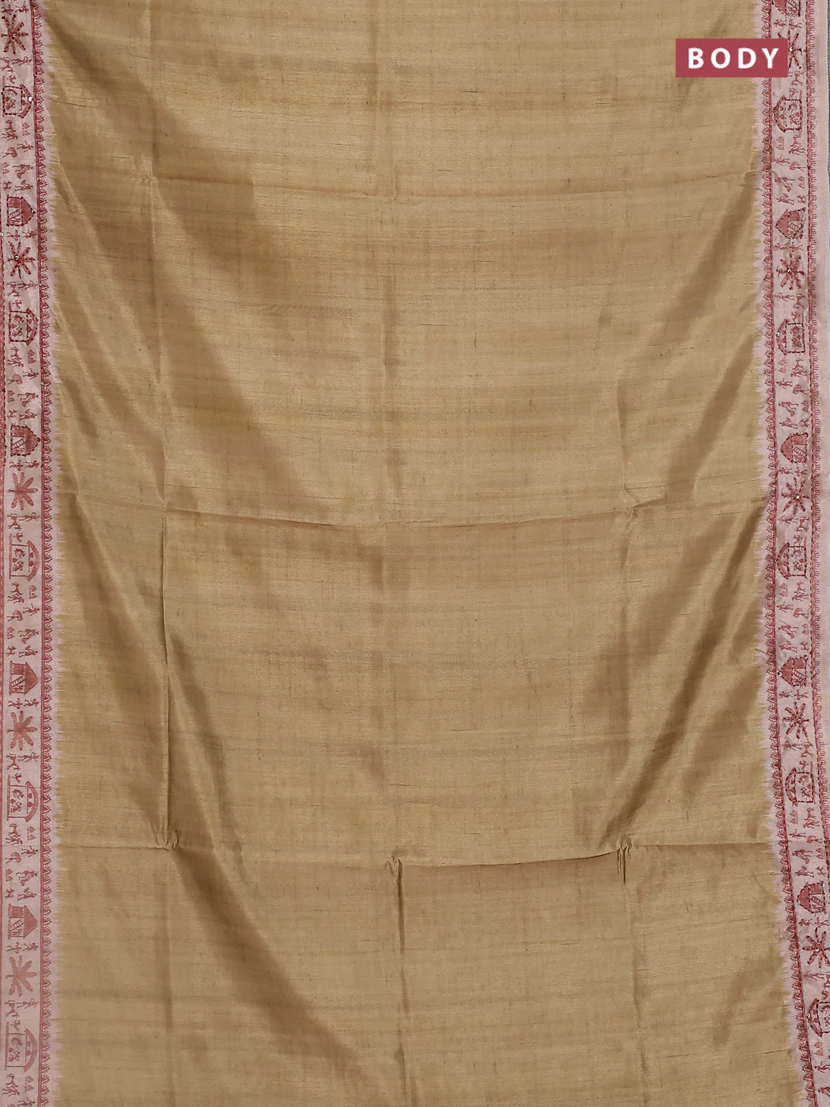 Semi tussar saree sap green and beige with plain body and warli prints kantha stitch work border - Image 2