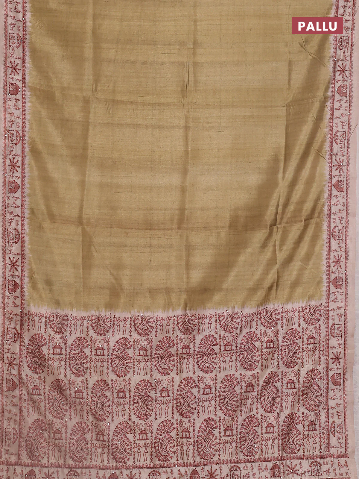 Semi tussar saree sap green and beige with plain body and warli prints kantha stitch work border - Image 3