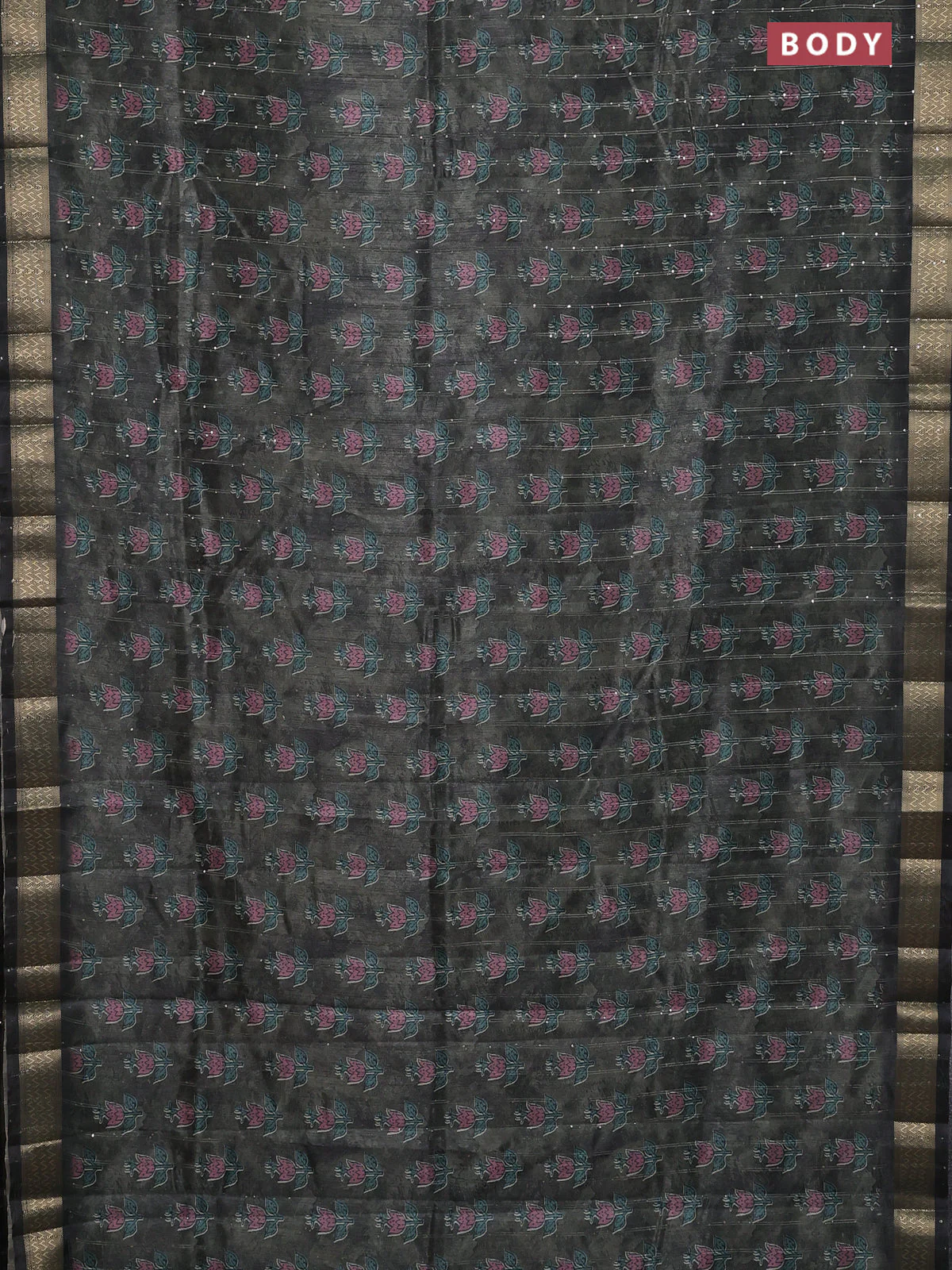 Semi tussar saree sap green and black with floral butta prints & sequin work and zari woven border - Image 2