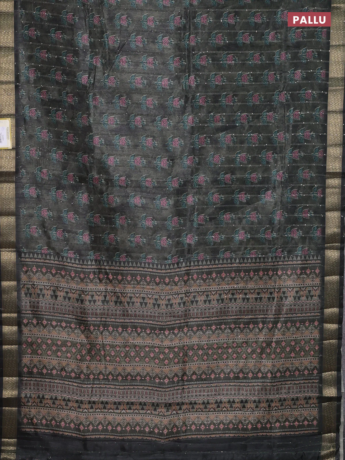 Semi tussar saree sap green and black with floral butta prints & sequin work and zari woven border - Image 3