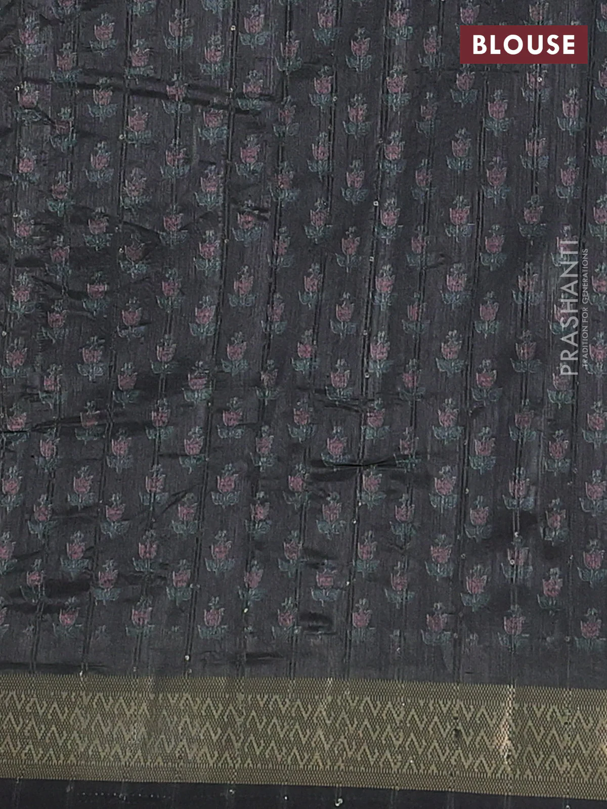 Semi tussar saree sap green and black with floral butta prints & sequin work and zari woven border - Image 4