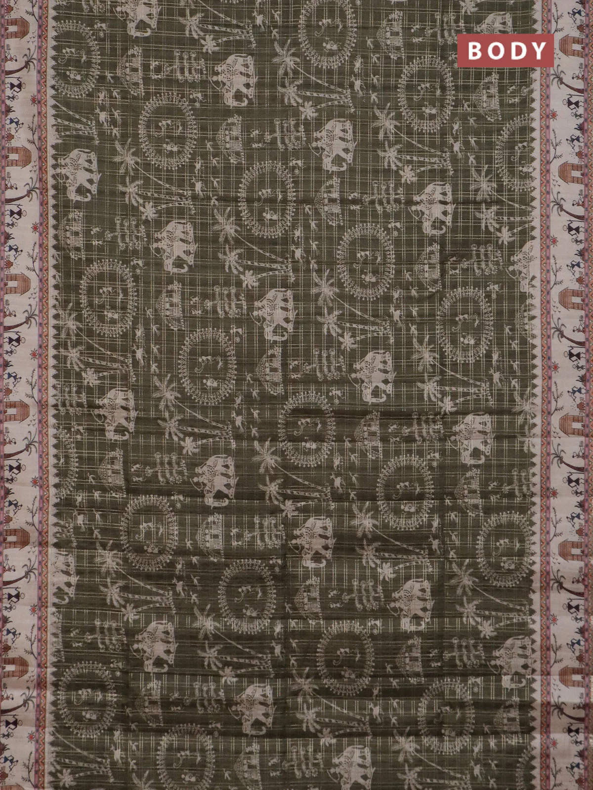 Semi tussar saree sap green and cream with allover zari checks & warli prints  and printed border - Image 2