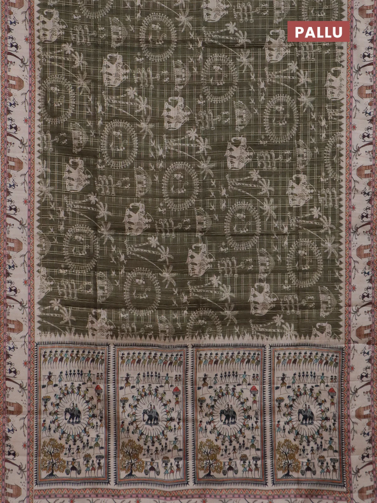 Semi tussar saree sap green and cream with allover zari checks & warli prints  and printed border - Image 3