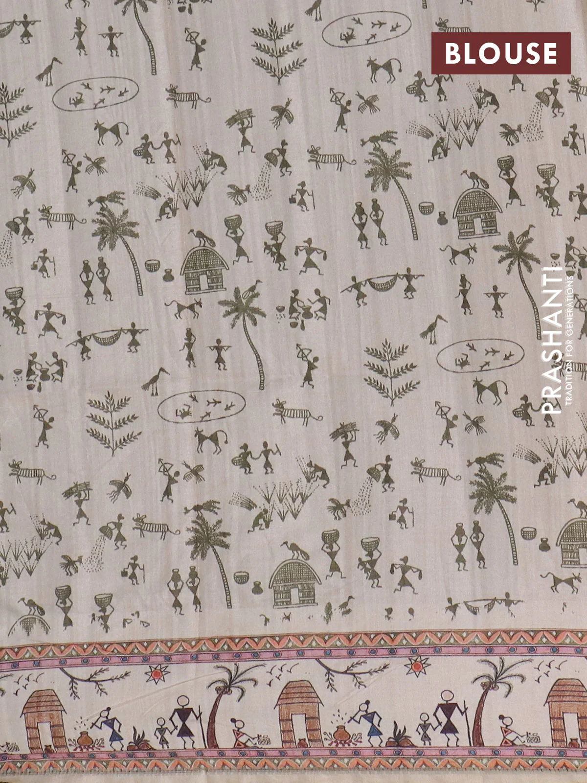 Semi tussar saree sap green and cream with allover zari checks & warli prints  and printed border - Image 4