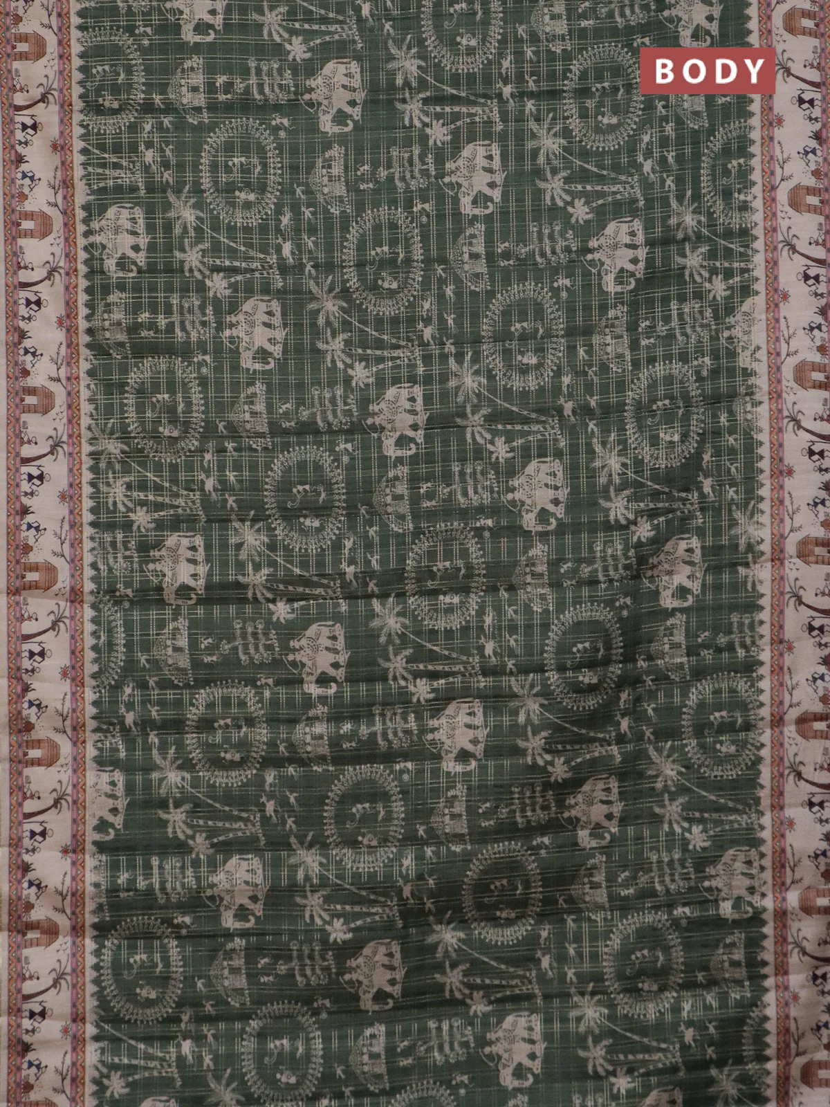 Semi tussar saree sap green and cream with allover zari checks & warli prints  and printed border - Image 2