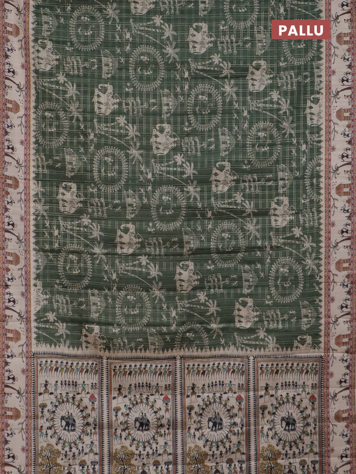 Semi tussar saree sap green and cream with allover zari checks & warli prints  and printed border - Image 3