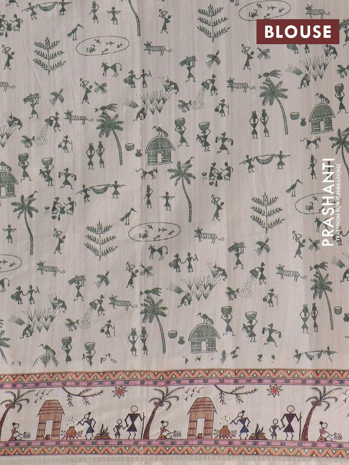 Semi tussar saree sap green and cream with allover zari checks & warli prints  and printed border - Image 4