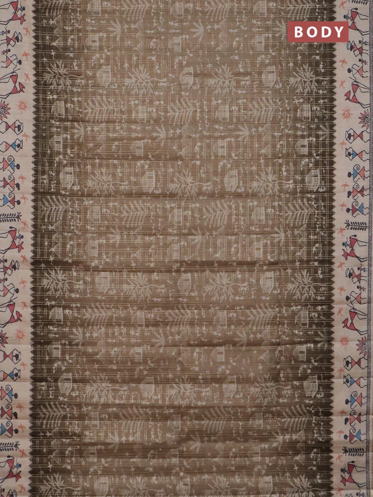 Semi tussar saree sap green and cream with allover zari checks & warli prints  and printed border - Image 2