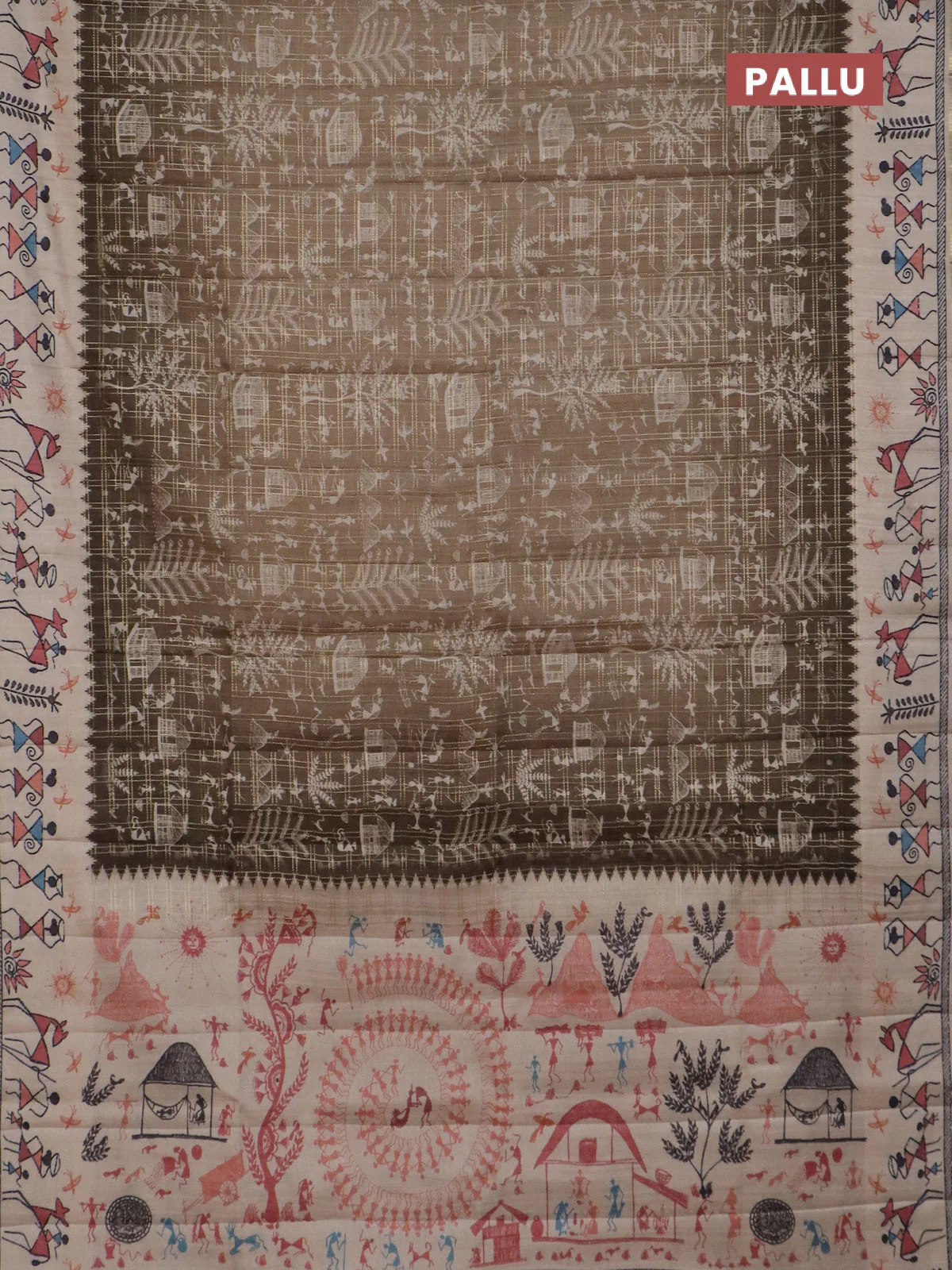 Semi tussar saree sap green and cream with allover zari checks & warli prints  and printed border - Image 3