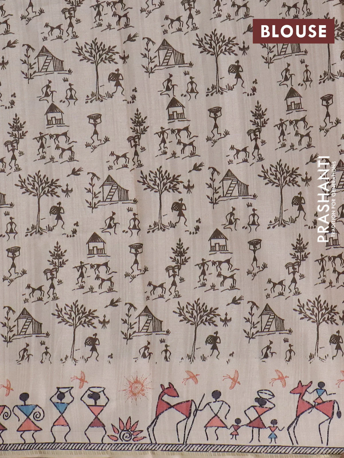 Semi tussar saree sap green and cream with allover zari checks & warli prints  and printed border - Image 4