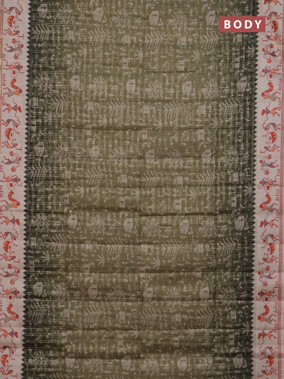 Semi tussar saree sap green and cream with allover zari checks & warli prints  and printed border - Image 2