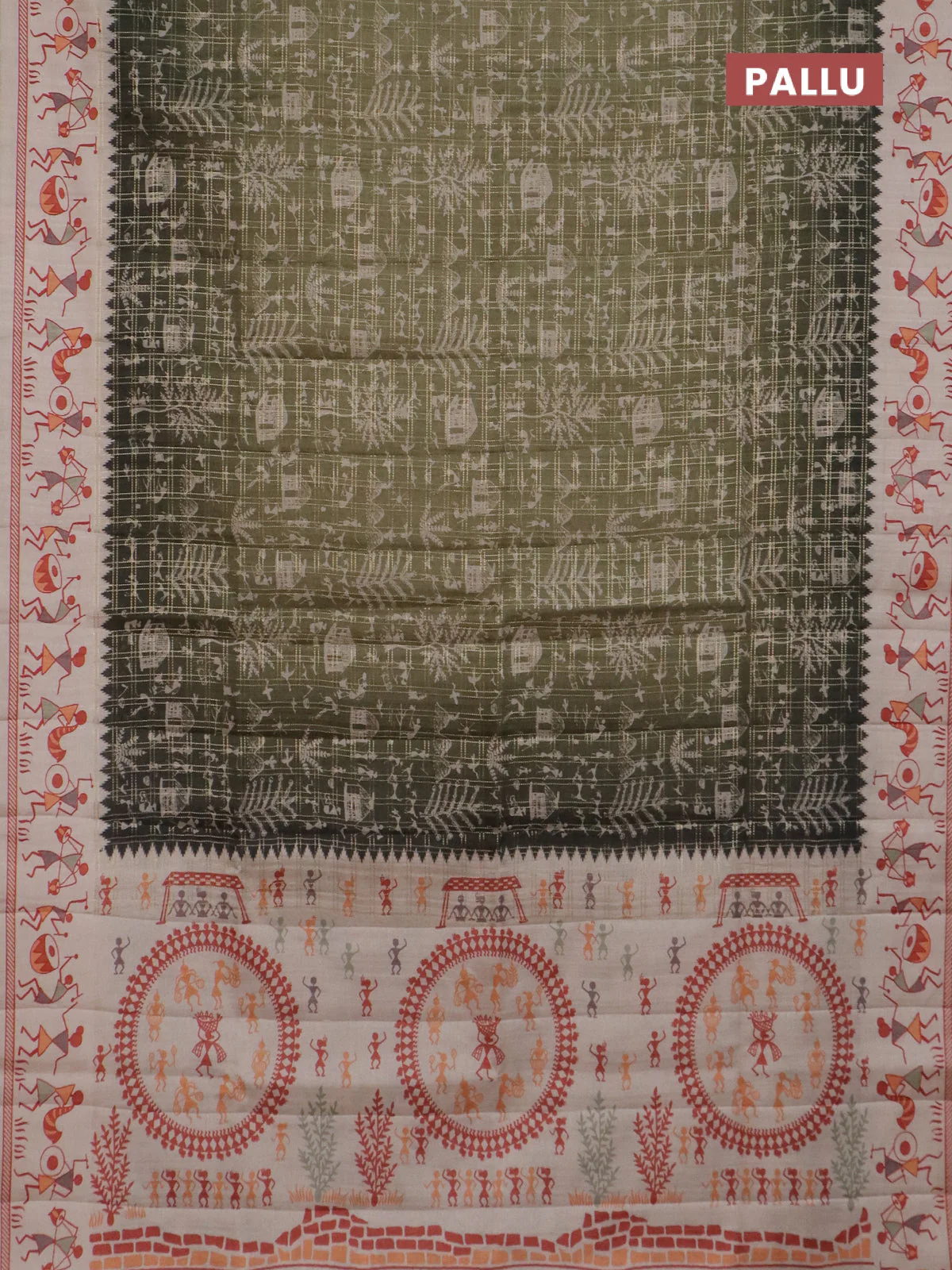 Semi tussar saree sap green and cream with allover zari checks & warli prints  and printed border - Image 3
