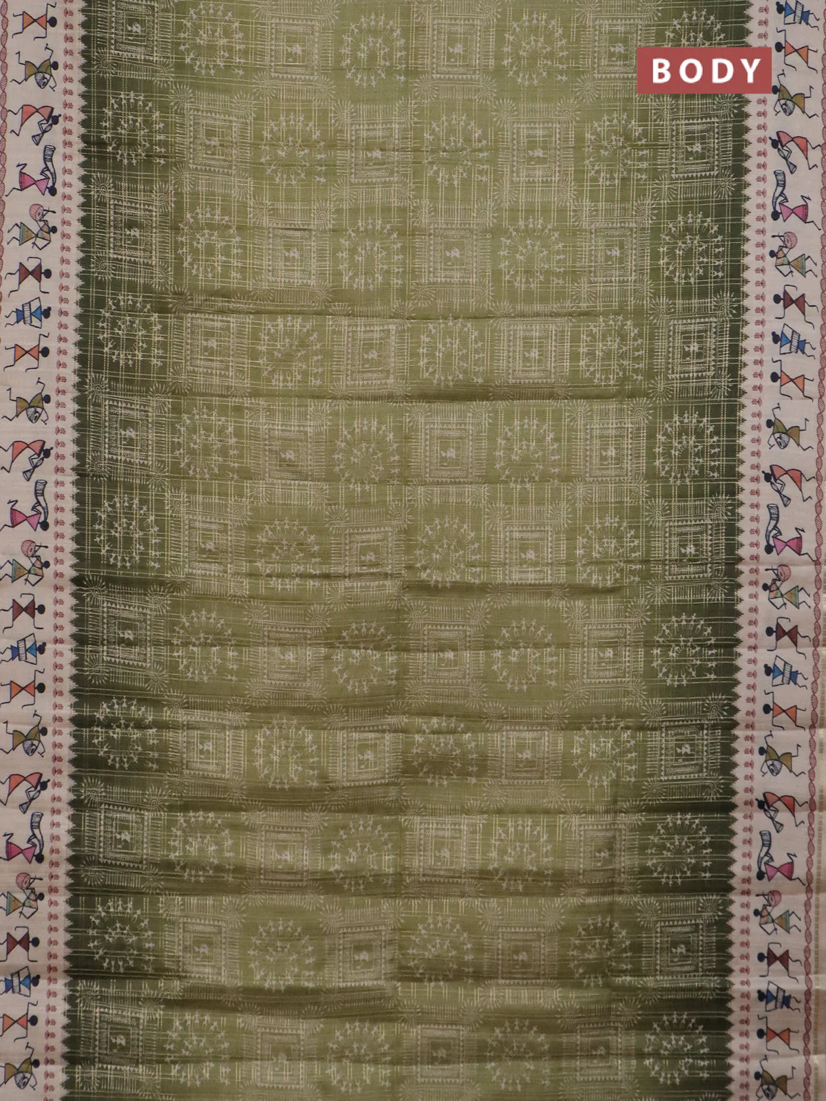 Semi tussar saree sap green and cream with allover zari checks & warli prints  and printed border - Image 2