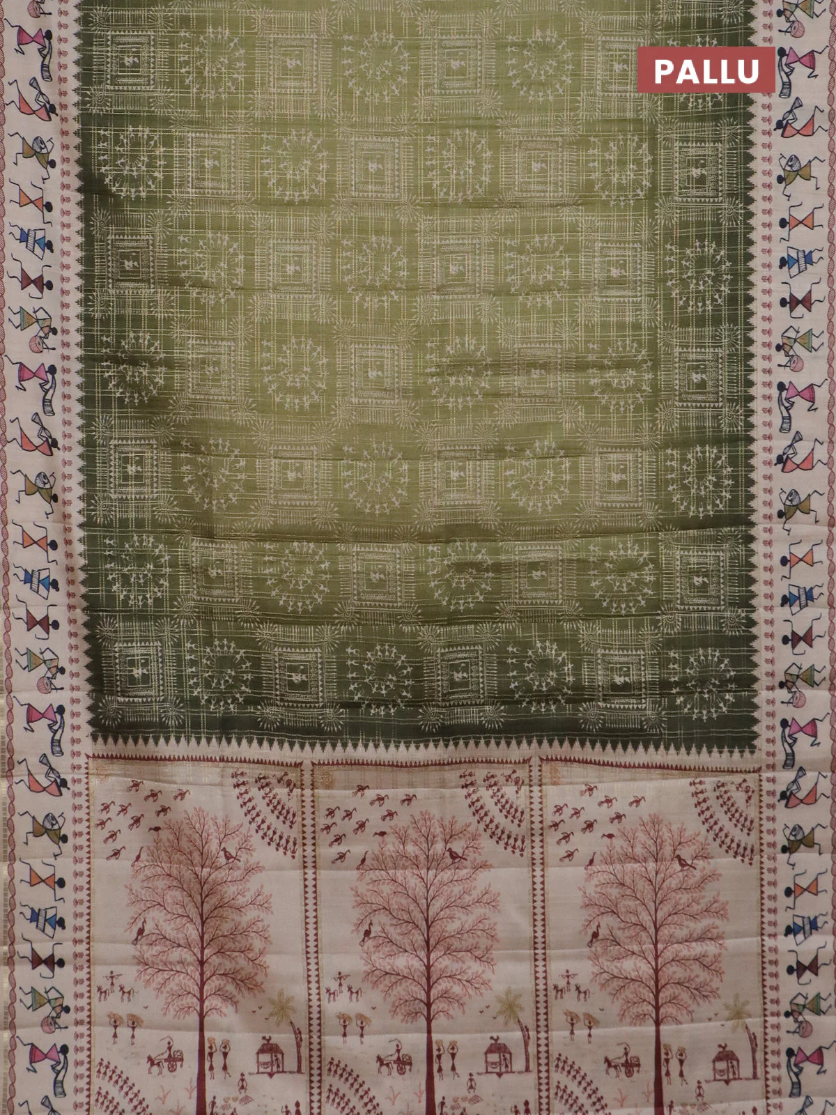 Semi tussar saree sap green and cream with allover zari checks & warli prints  and printed border - Image 3