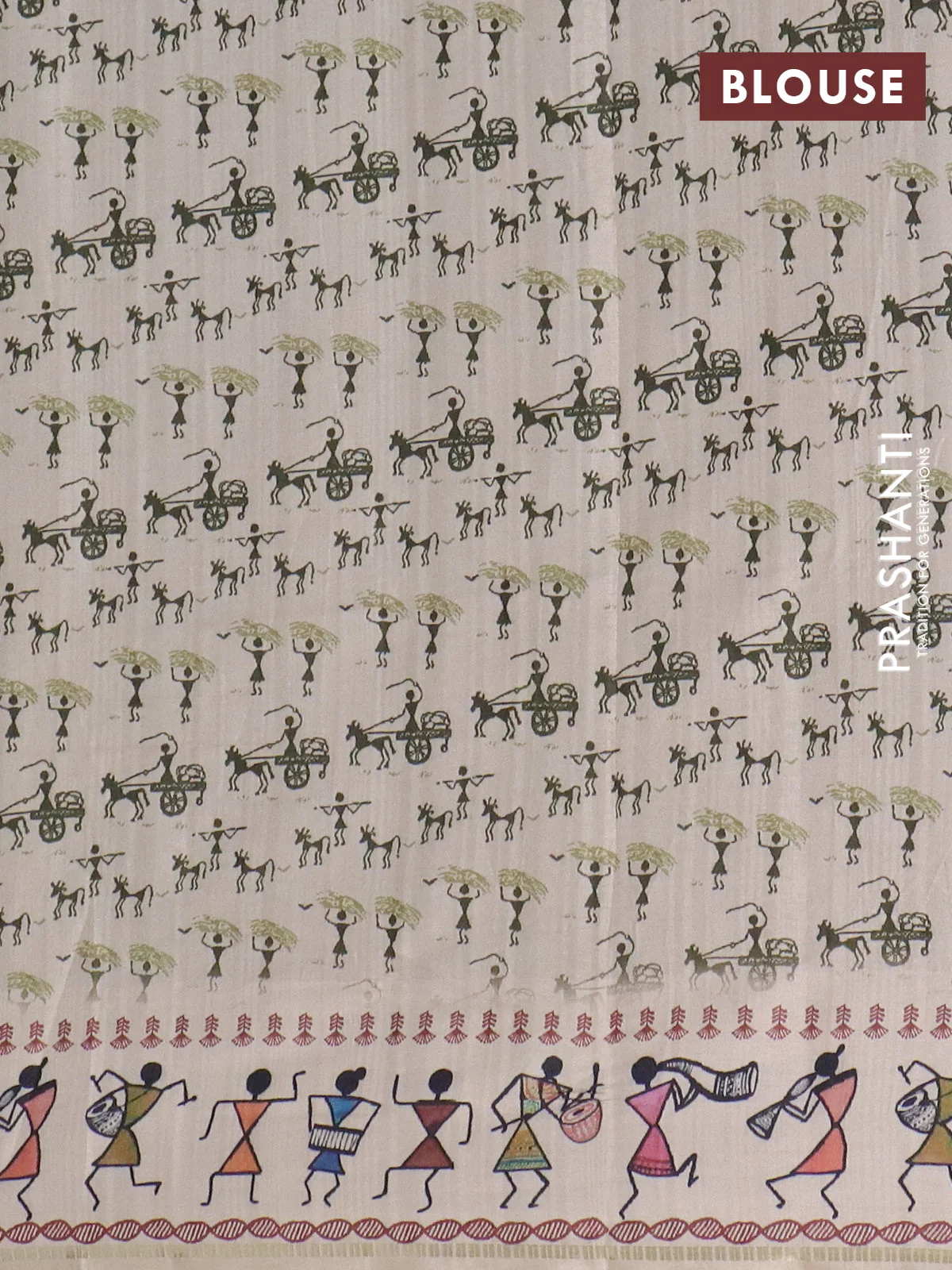 Semi tussar saree sap green and cream with allover zari checks & warli prints  and printed border - Image 4