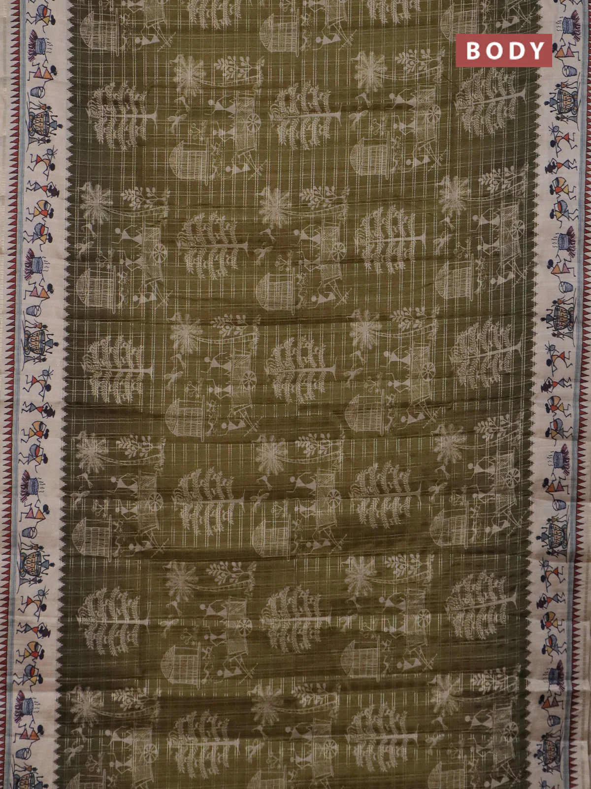 Semi tussar saree sap green and cream with allover zari checks & warli prints  and printed border - Image 2