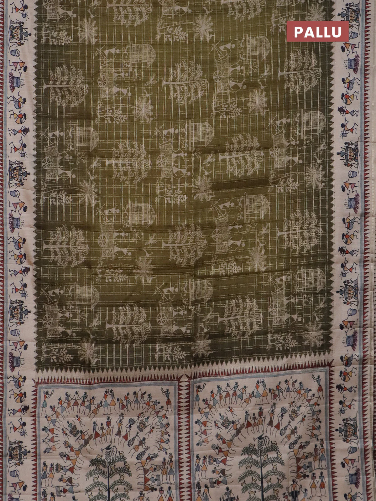 Semi tussar saree sap green and cream with allover zari checks & warli prints  and printed border - Image 3