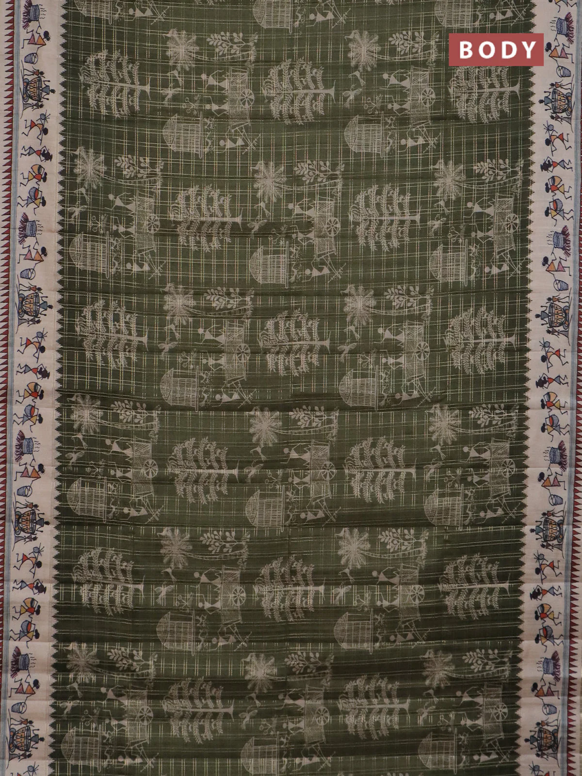 Semi tussar saree sap green and cream with allover zari checks & warli prints  and printed border - Image 2