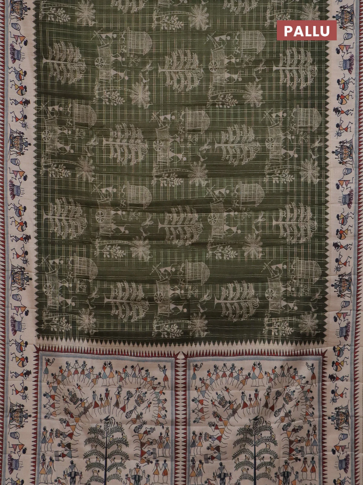 Semi tussar saree sap green and cream with allover zari checks & warli prints  and printed border - Image 3