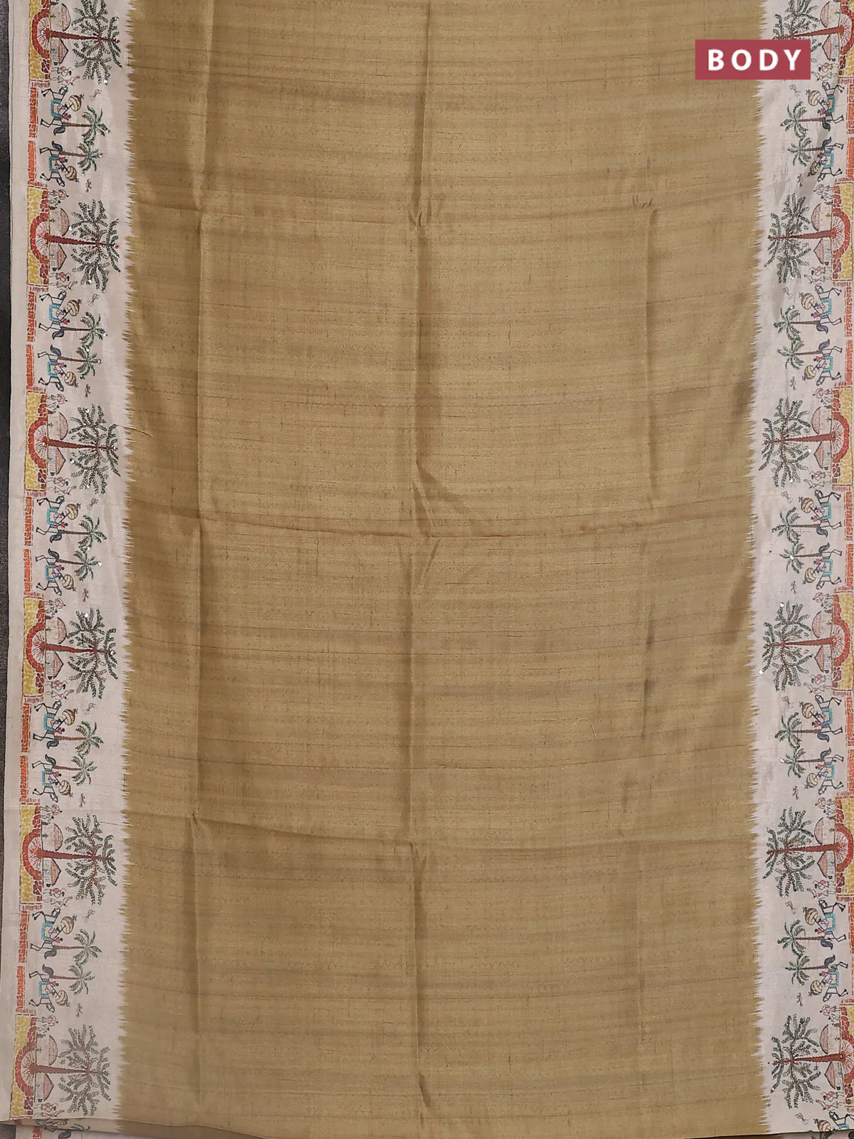 Semi tussar saree sap green and cream with plain body and warli prints kantha stitch work border - Image 2