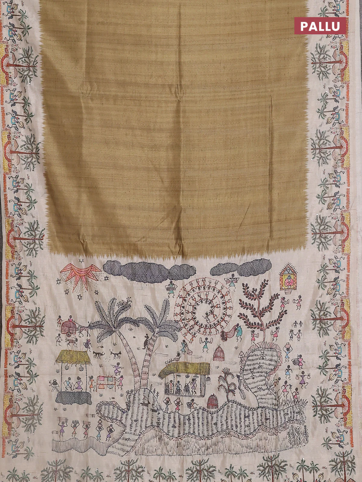 Semi tussar saree sap green and cream with plain body and warli prints kantha stitch work border - Image 3