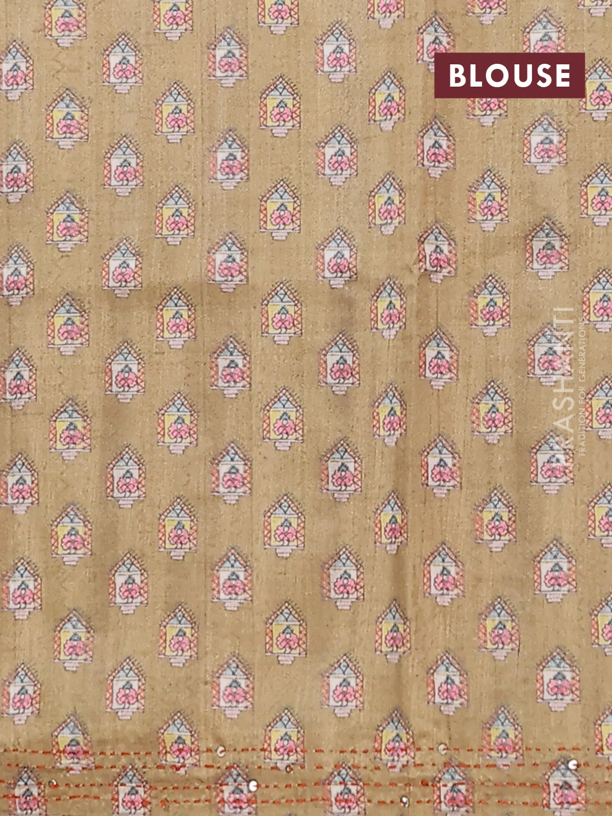 Semi tussar saree sap green and cream with plain body and warli prints kantha stitch work border - Image 4