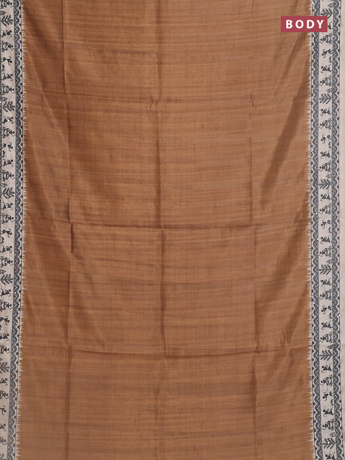 Semi tussar saree sap green and cream with plain body and warli prints kantha stitch work border - Image 2