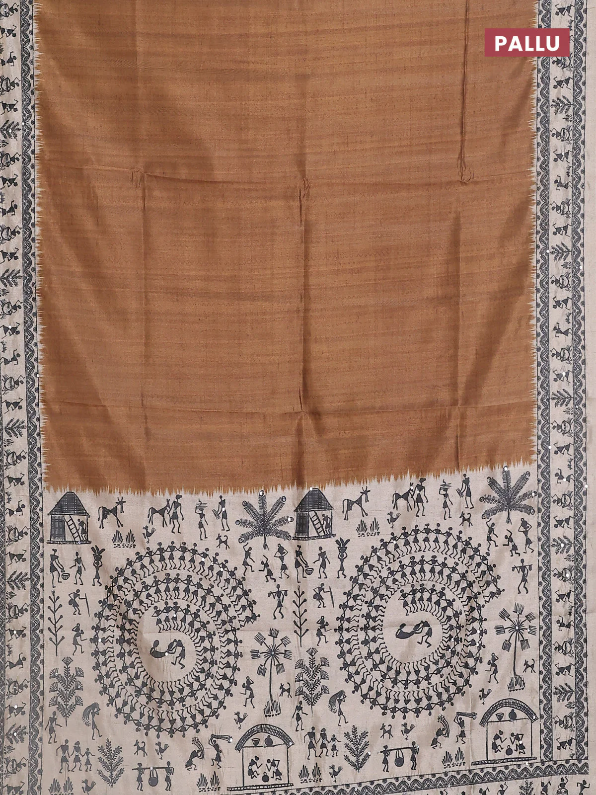 Semi tussar saree sap green and cream with plain body and warli prints kantha stitch work border - Image 3