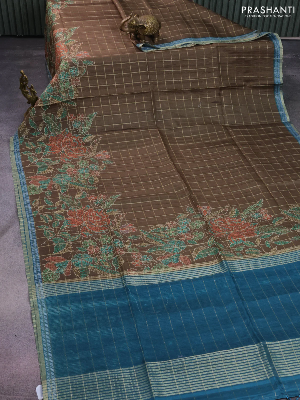Semi tussar saree sap green and peacock green with allover zari checks & digital prints and zari woven border - Image 2