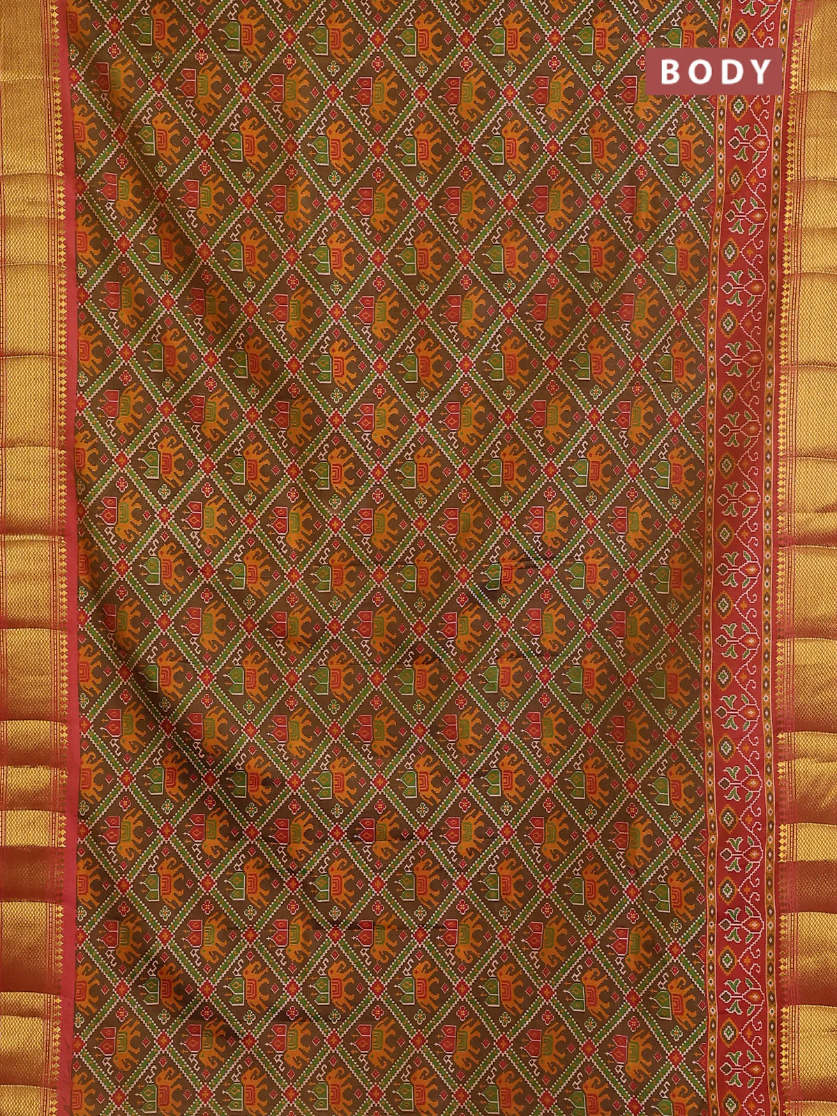 Semi tussar saree sap green and rust shade with allover ikat prints and zari woven border - Image 2