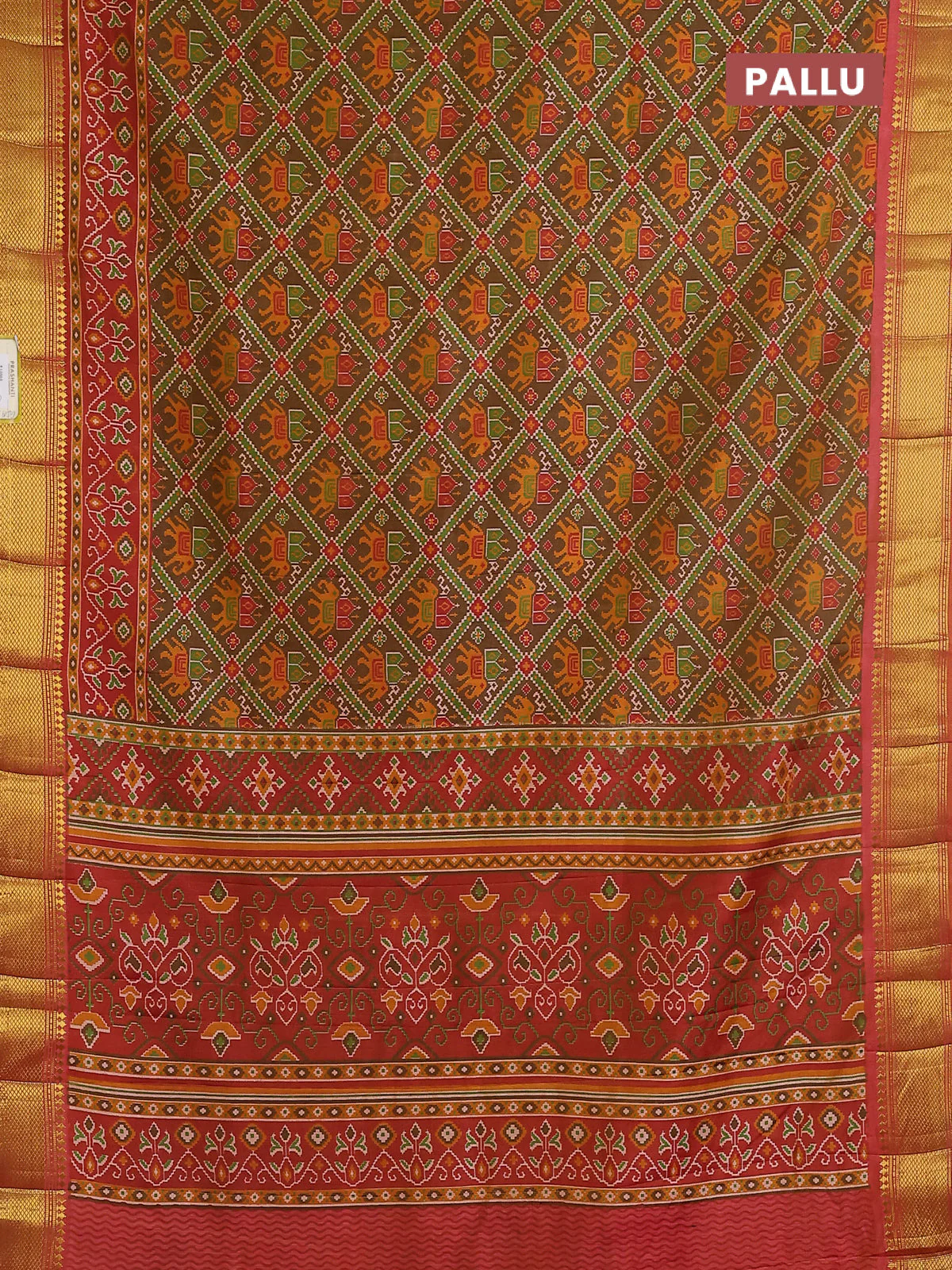Semi tussar saree sap green and rust shade with allover ikat prints and zari woven border - Image 3