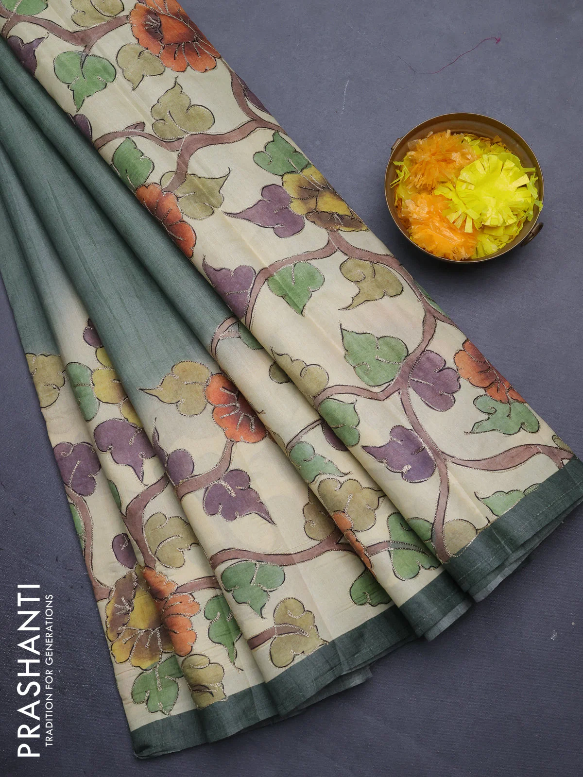 Semi tussar saree sap green shade and cream with plain body and kalamkari prints & pita work border - Image 2