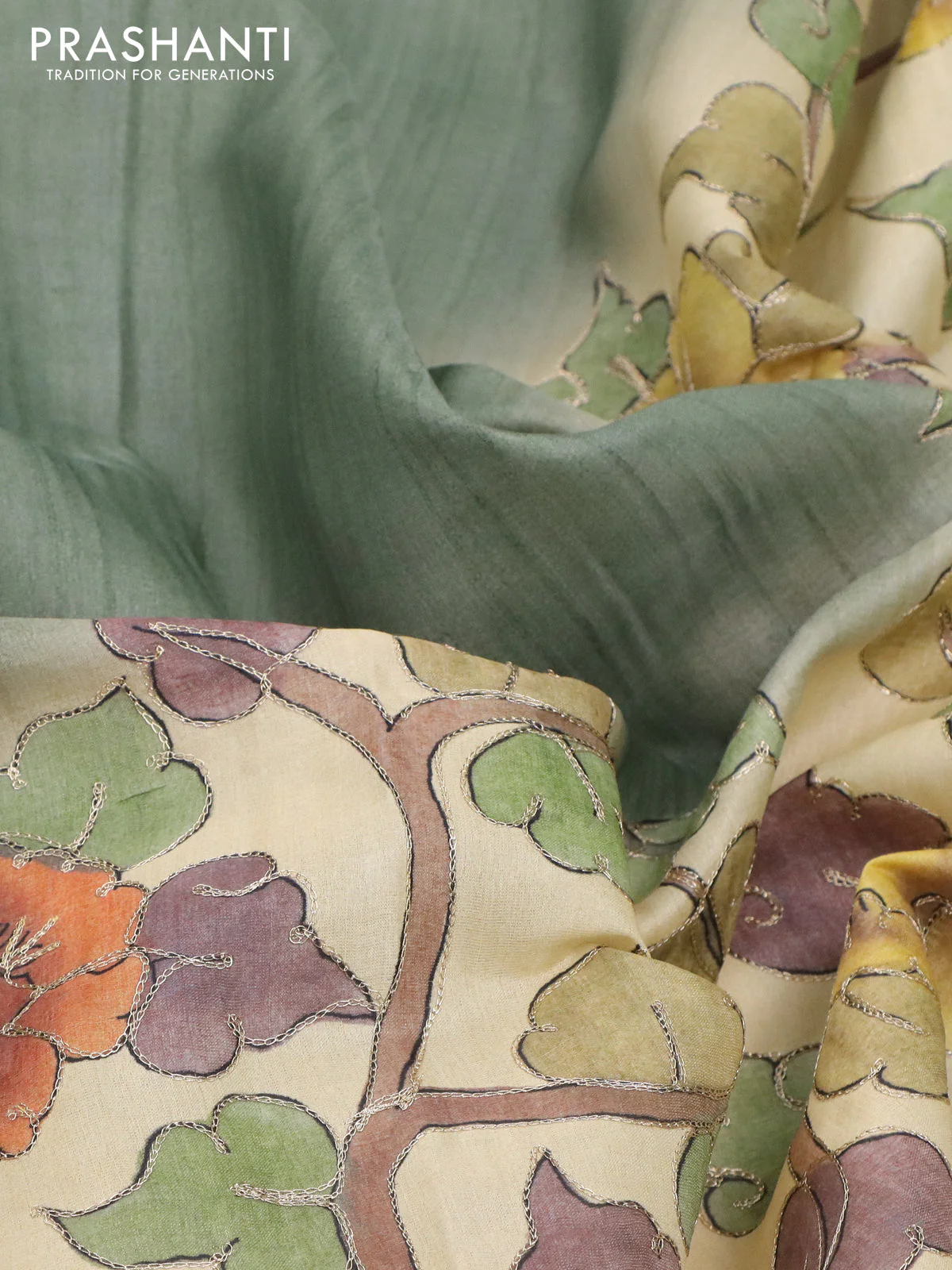 Semi tussar saree sap green shade and cream with plain body and kalamkari prints & pita work border - Image 3