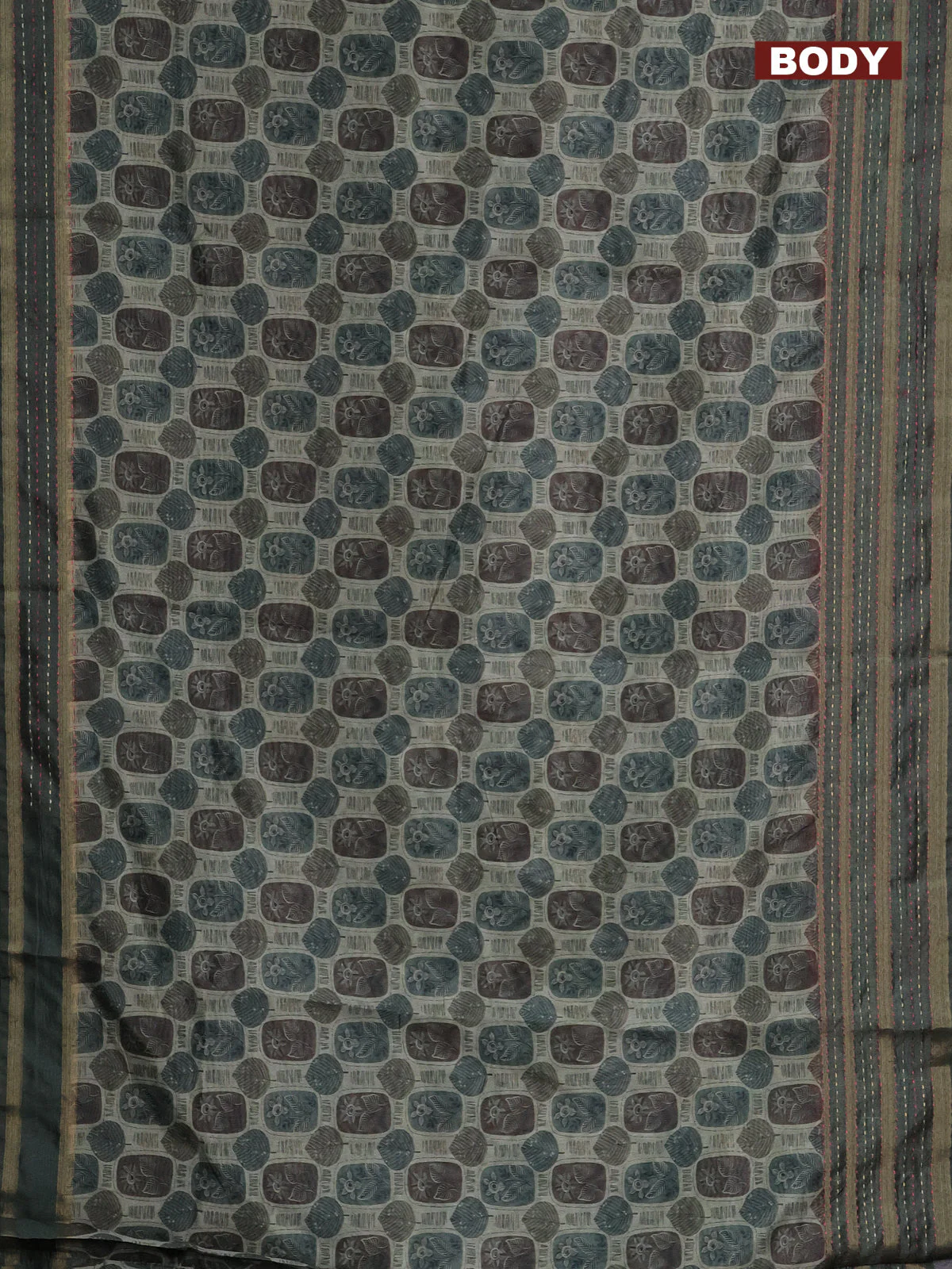Semi tussar saree sap green shade with allover prints and kantha stitich work border - Image 2