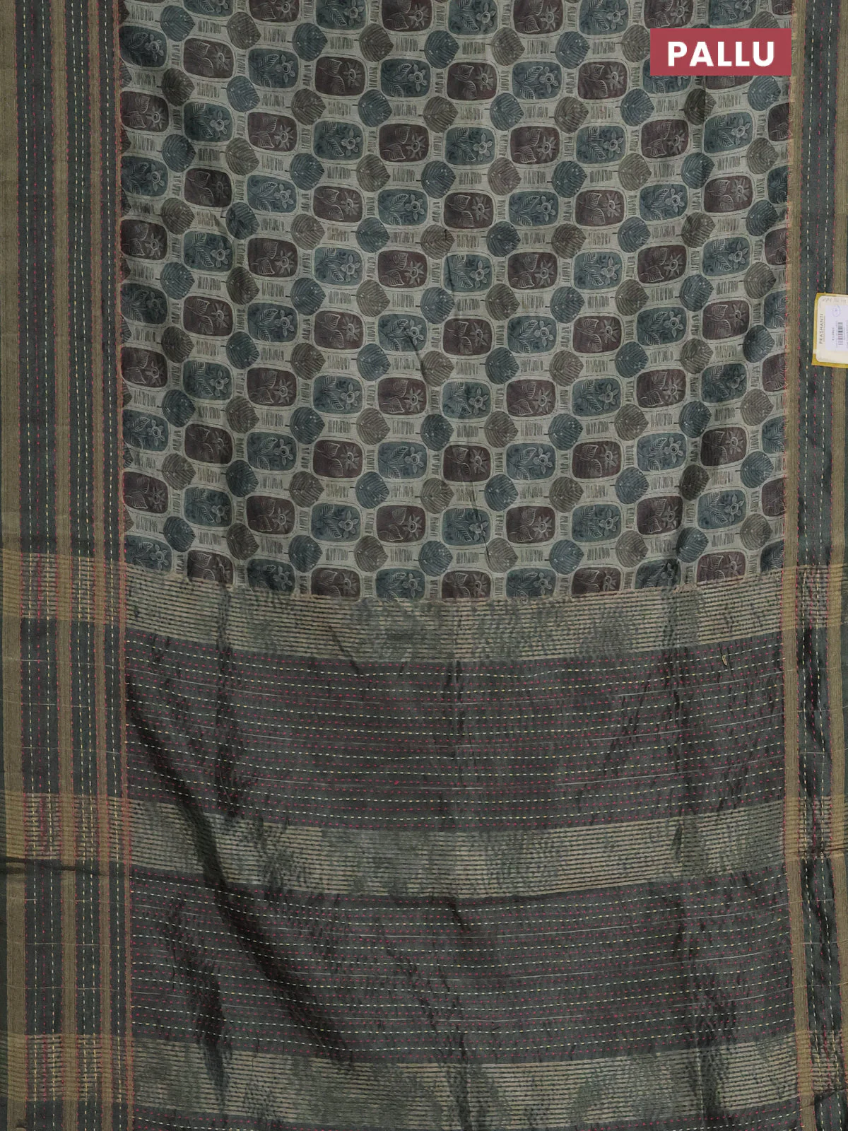 Semi tussar saree sap green shade with allover prints and kantha stitich work border - Image 3