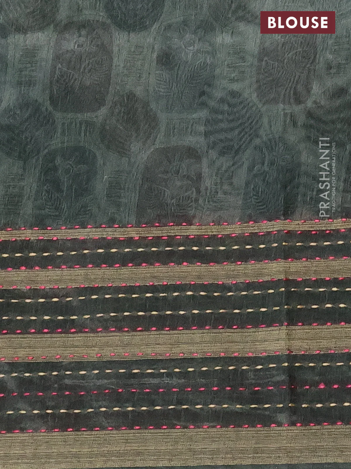 Semi tussar saree sap green shade with allover prints and kantha stitich work border - Image 4