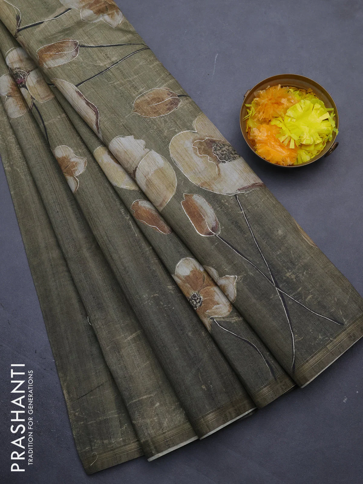 Semi tussar saree sap green shade with floral prints and simple zari border - Image 2