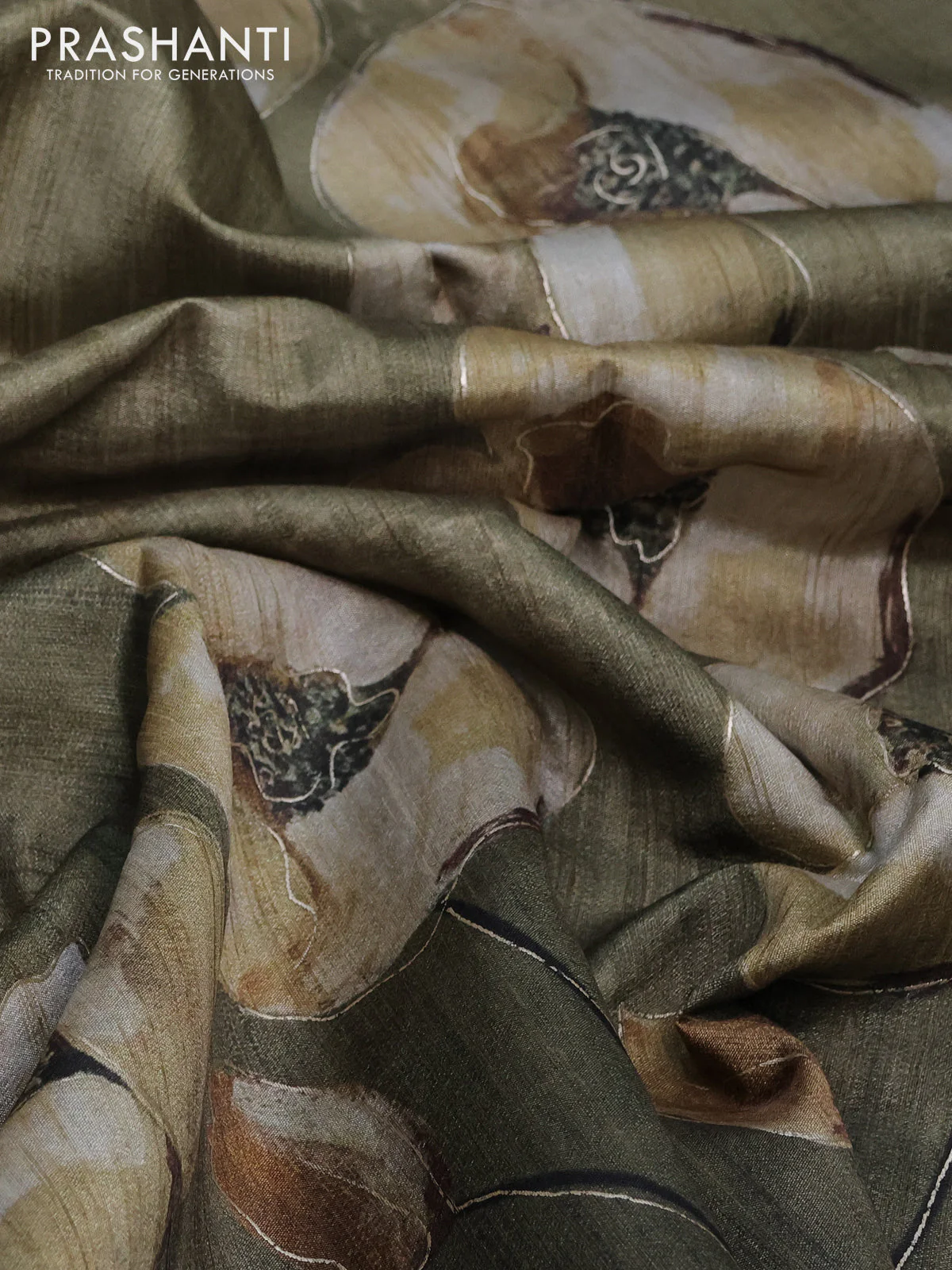 Semi tussar saree sap green shade with floral prints and simple zari border - Image 3