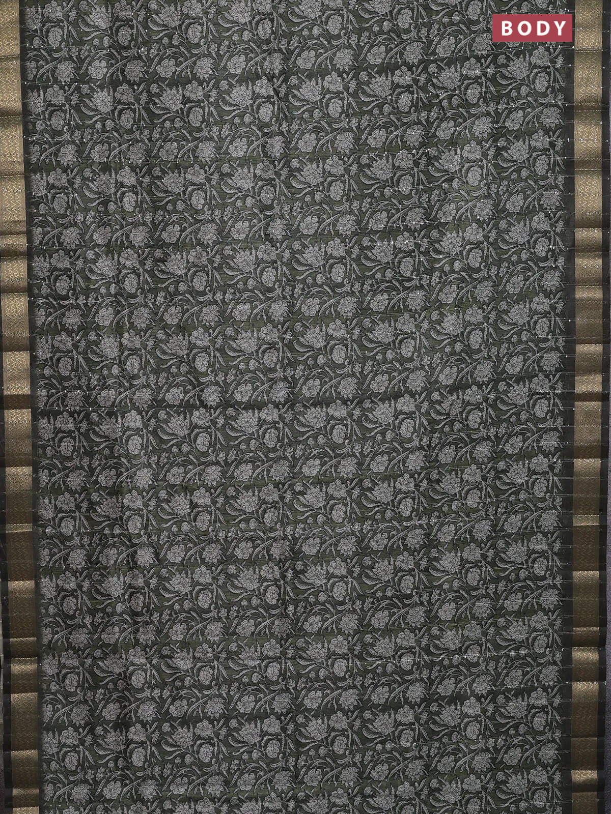 Semi tussar saree sap green with allover kalamkari prints & sequin work and zari woven border - Image 2