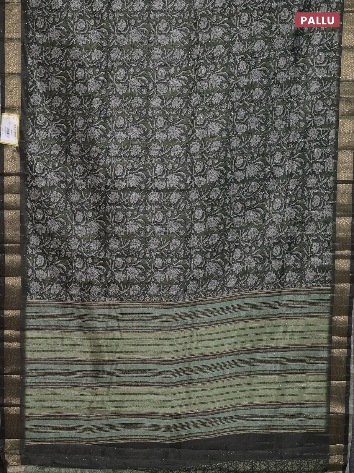 Semi tussar saree sap green with allover kalamkari prints & sequin work and zari woven border - Image 3