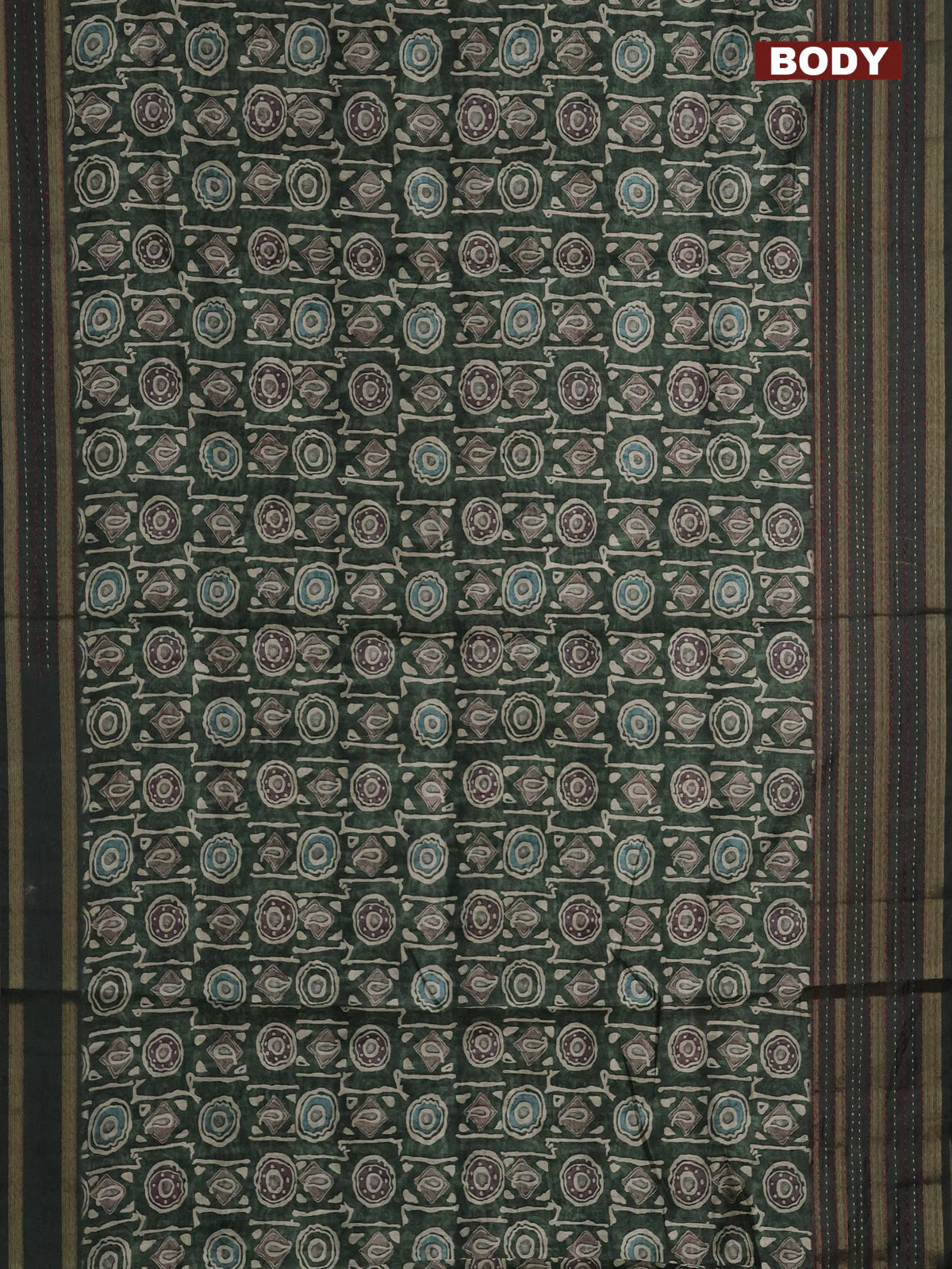Semi tussar saree sap green with allover prints and kantha stitich work border - Image 2