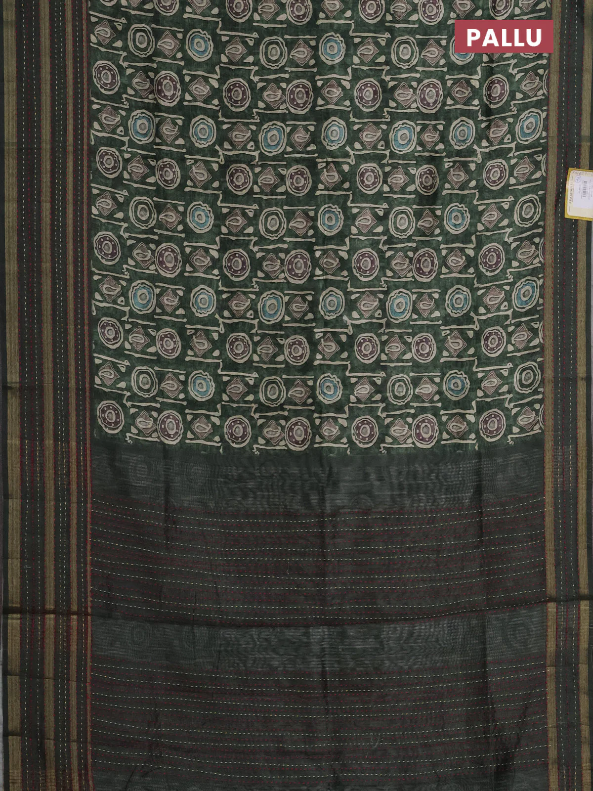 Semi tussar saree sap green with allover prints and kantha stitich work border - Image 3